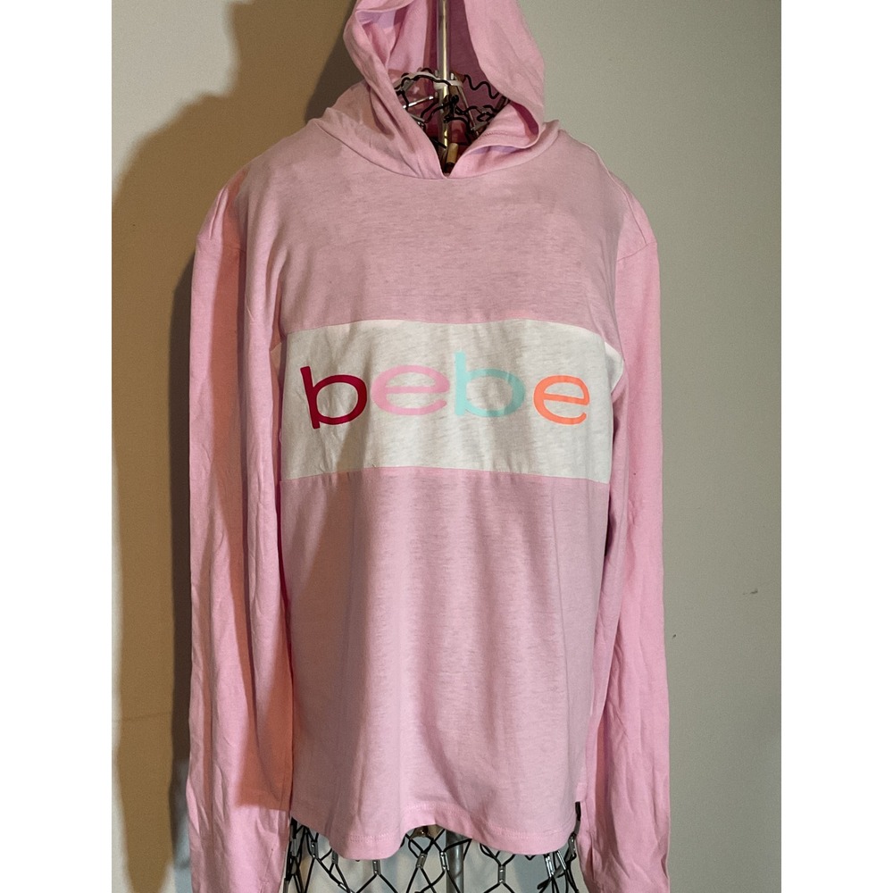 Bebe Sport Womens Pink Long Sleeve Hooded Graphic T-Shirt Logo Hoodie Size M‎